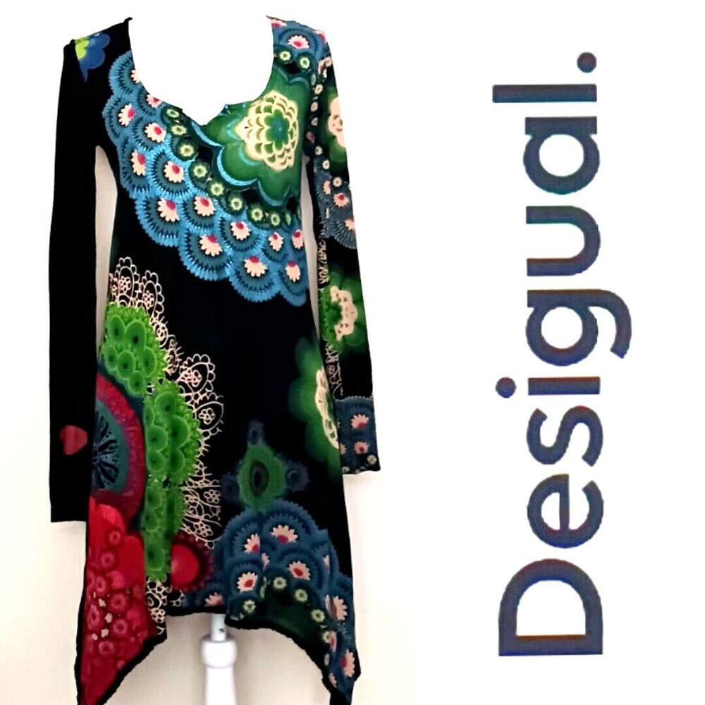 Desigual L/S Dress Bright Abstract Print Asymmetrical Hem Sz S